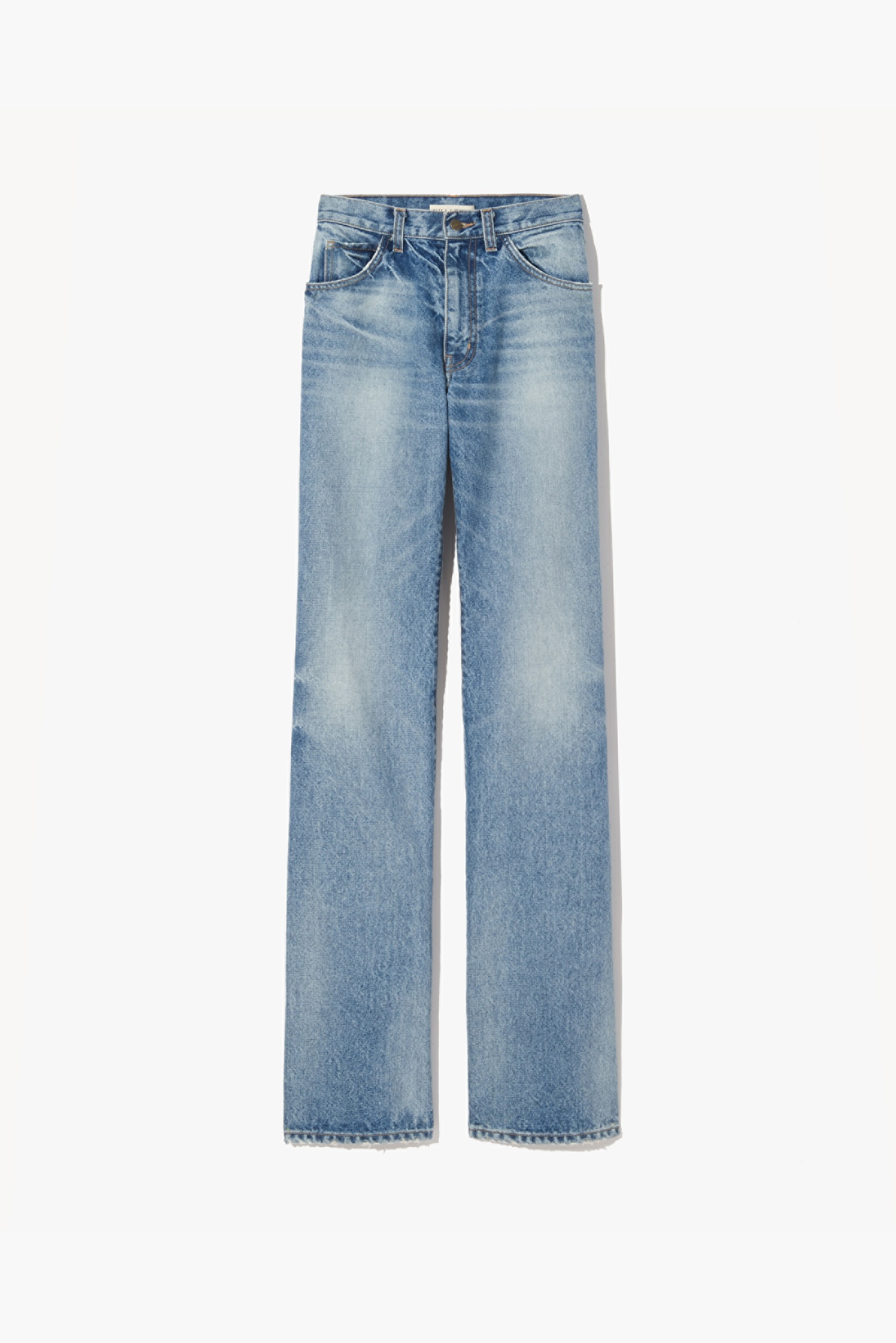 Light blue wide-leg jeans on a white background.