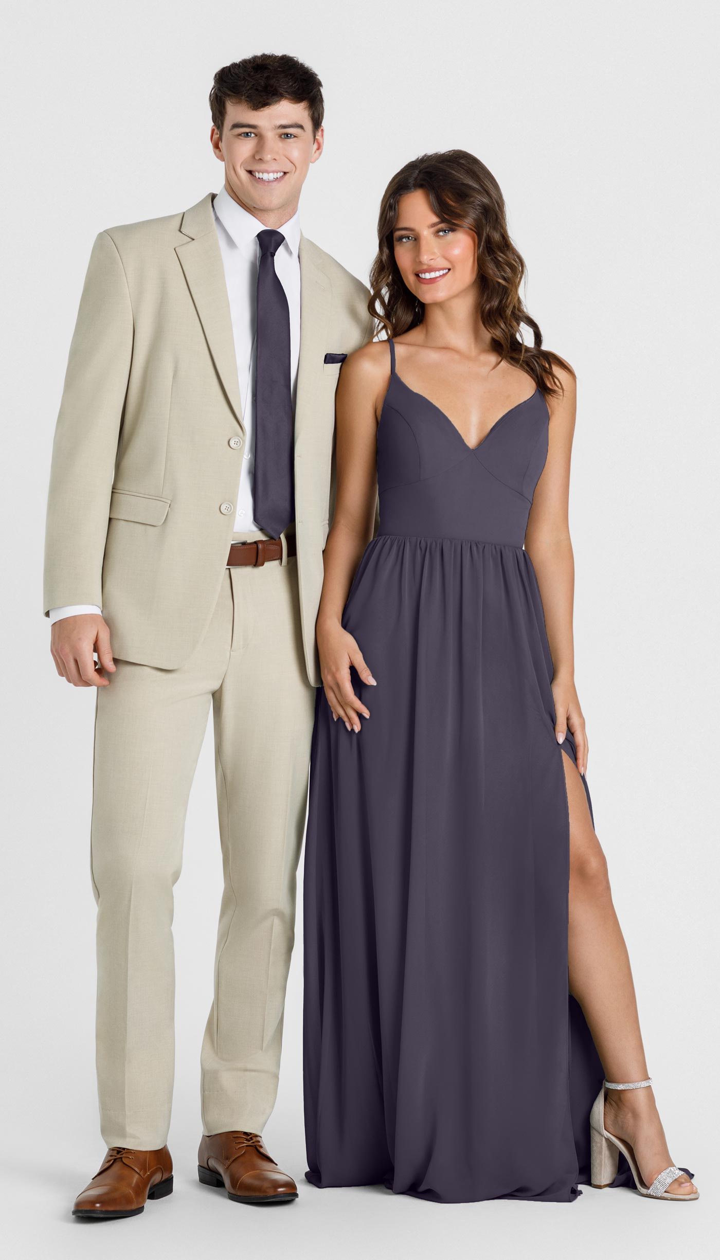 tan suit with plum bridesmaid dress