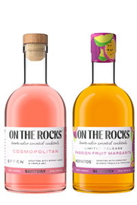 Two bottles of pre-mixed cocktails: Cosmopolitan and Passion Fruit Margarita.