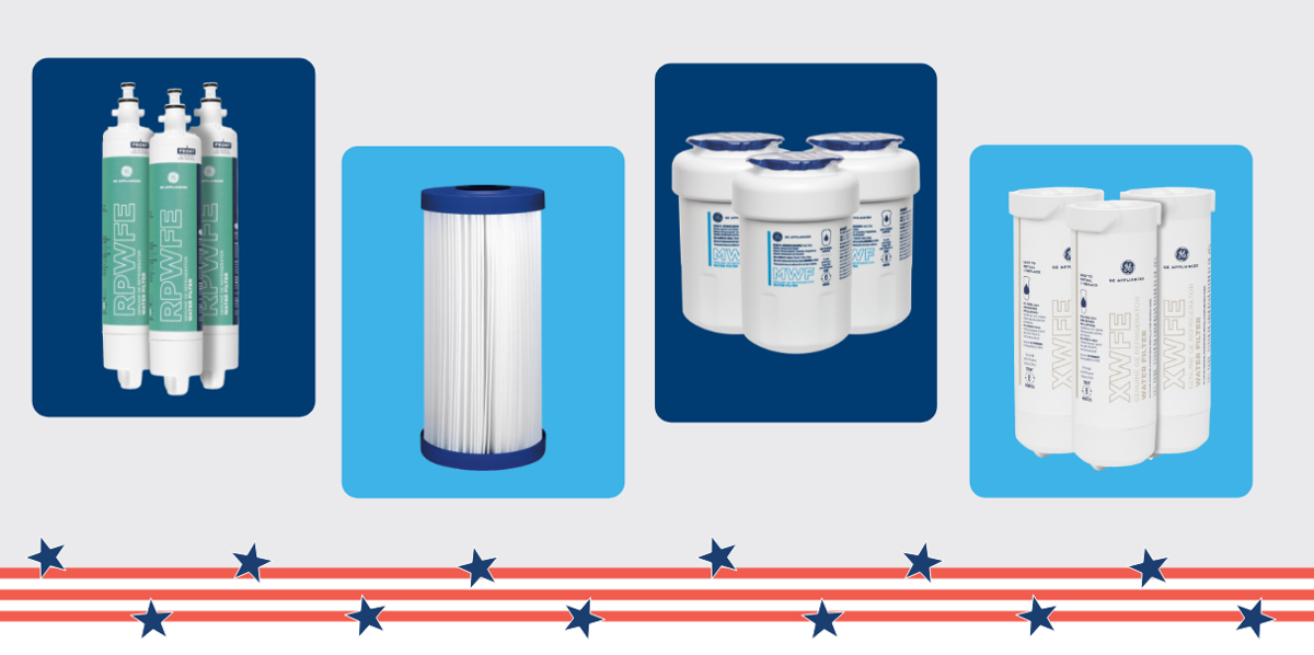 Various water filter cartridges displayed on a light background.