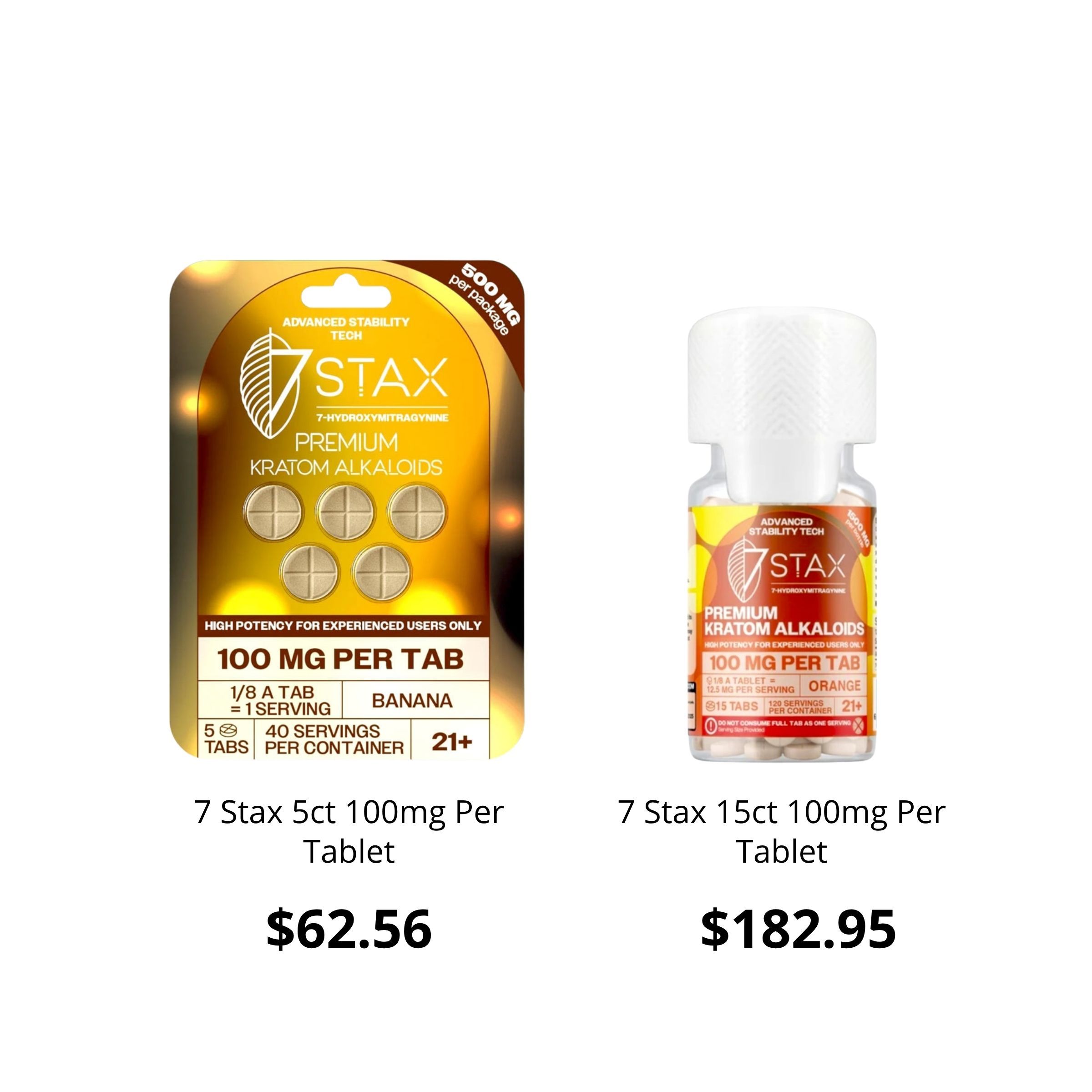 Product packaging for 7 Stax tablets with prices listed.