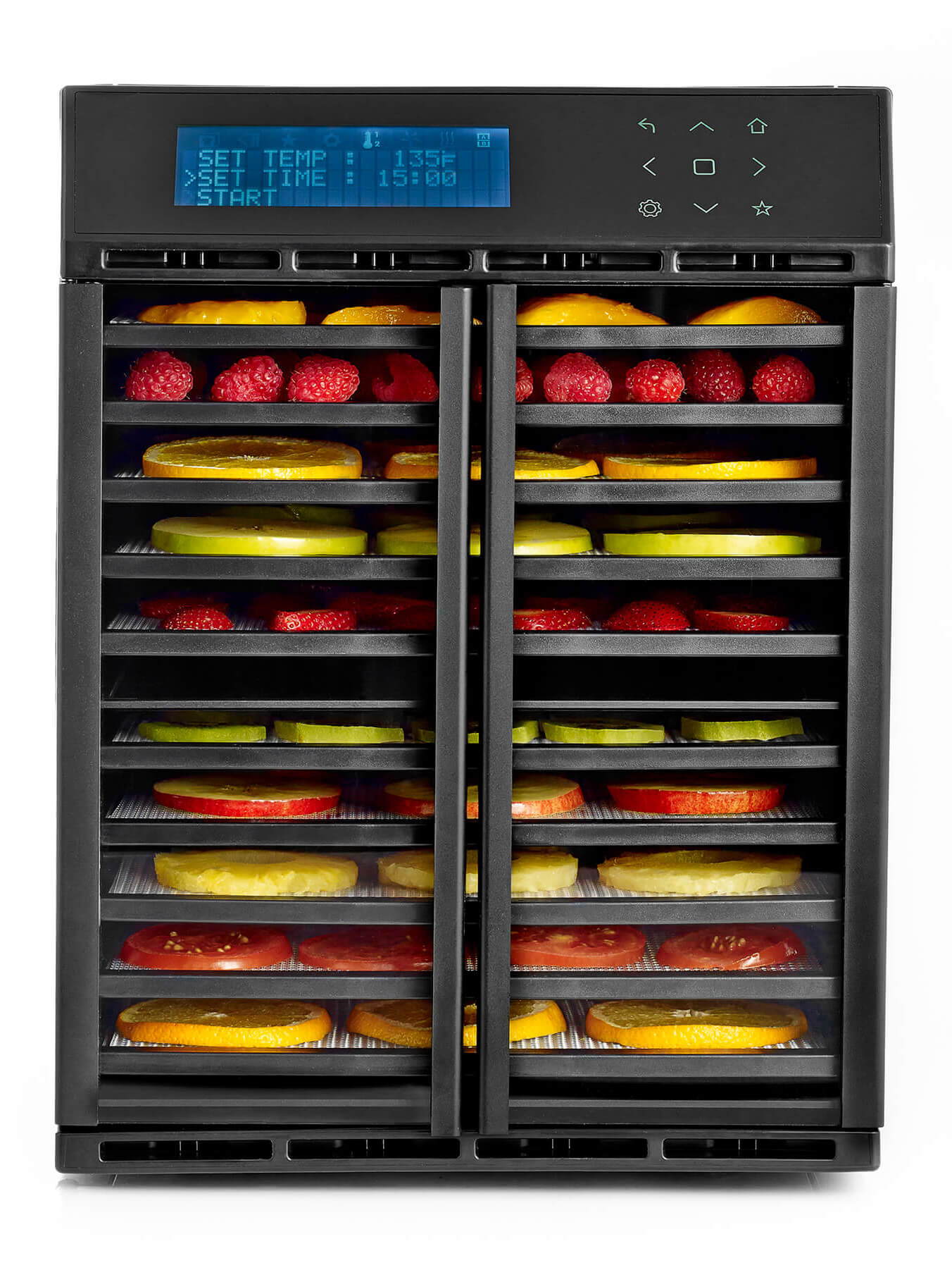 Excalibur RES10 10 tray dehydrator with food on the trays and clear doors closed.