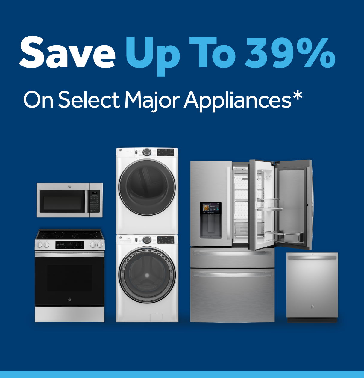 Promotional image for major appliances with a discount offer.