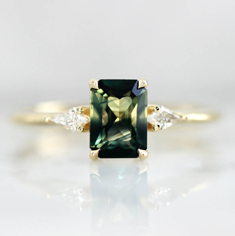 green bi color sapphire emerald cut 3 stone engagement ring