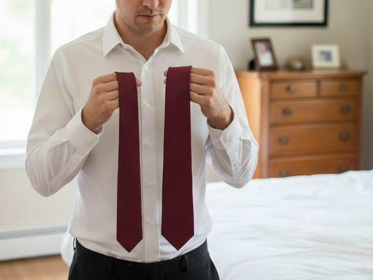 Man getting ready holding up two burgundy ties in different widths