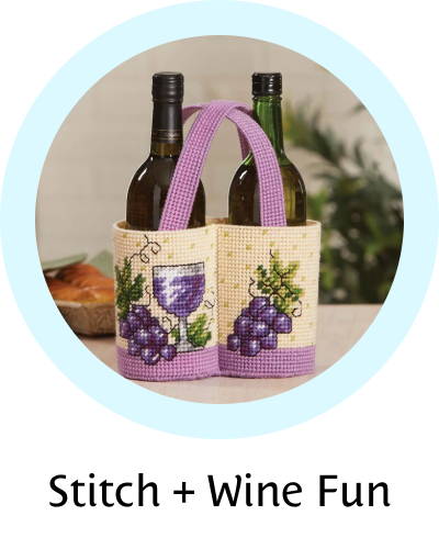 Stitch + Wine Fun. Image: Herrschners Wine Time Basket Plastic Canvas Kit.