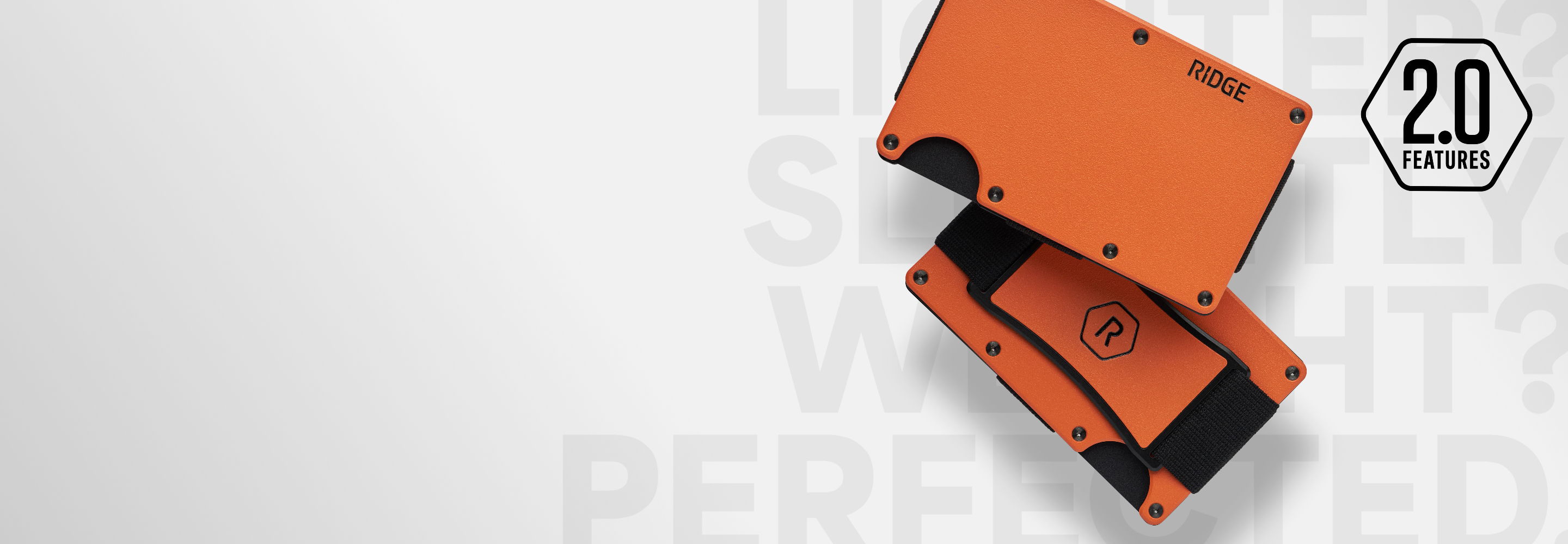 Orange wallet on a gray background with text overlay.
