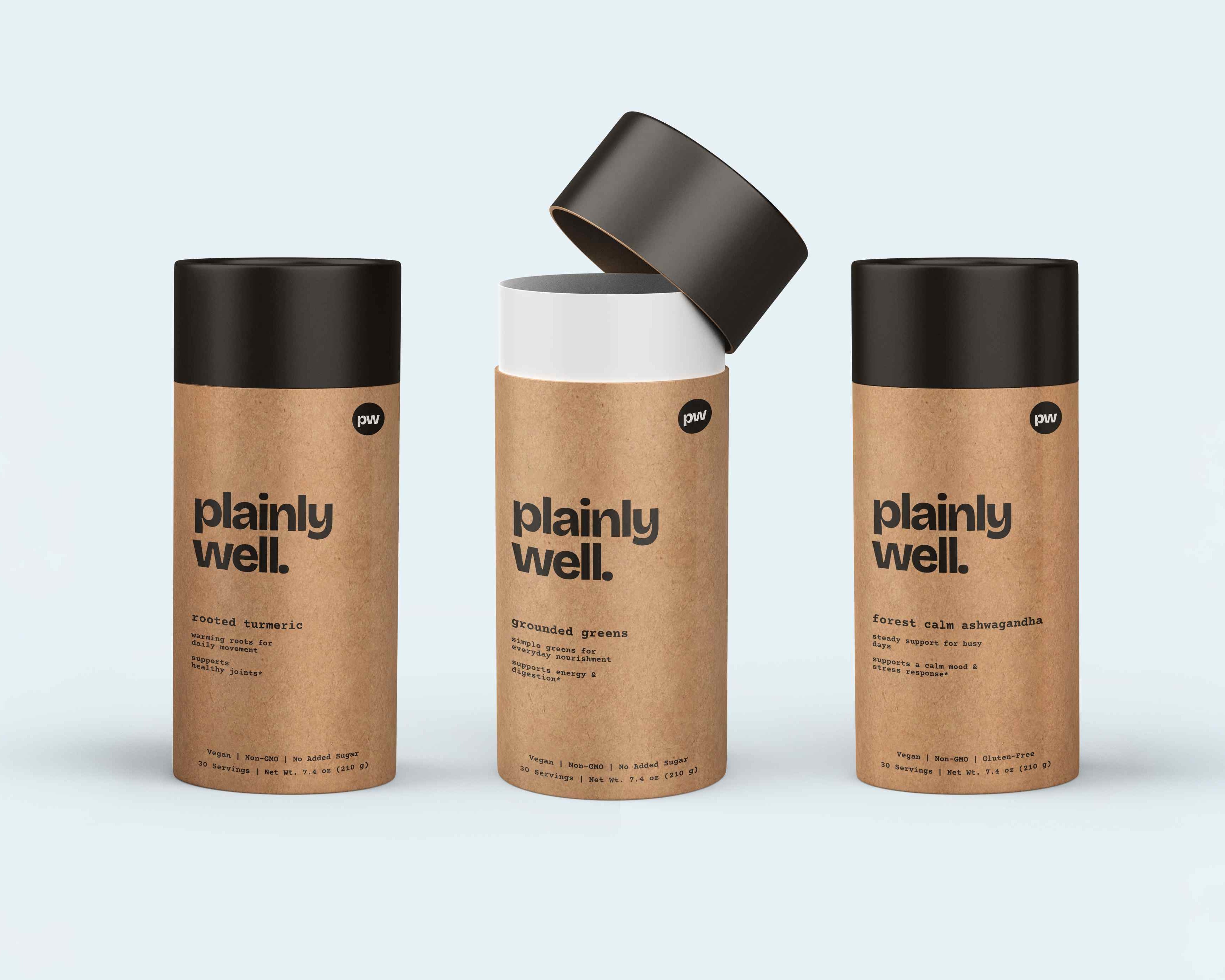 Three cylindrical paper tube containers labeled 