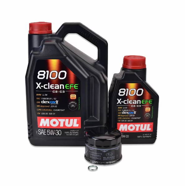 Two bottles of Motul 8100 X-clean engine oil with a filter.
