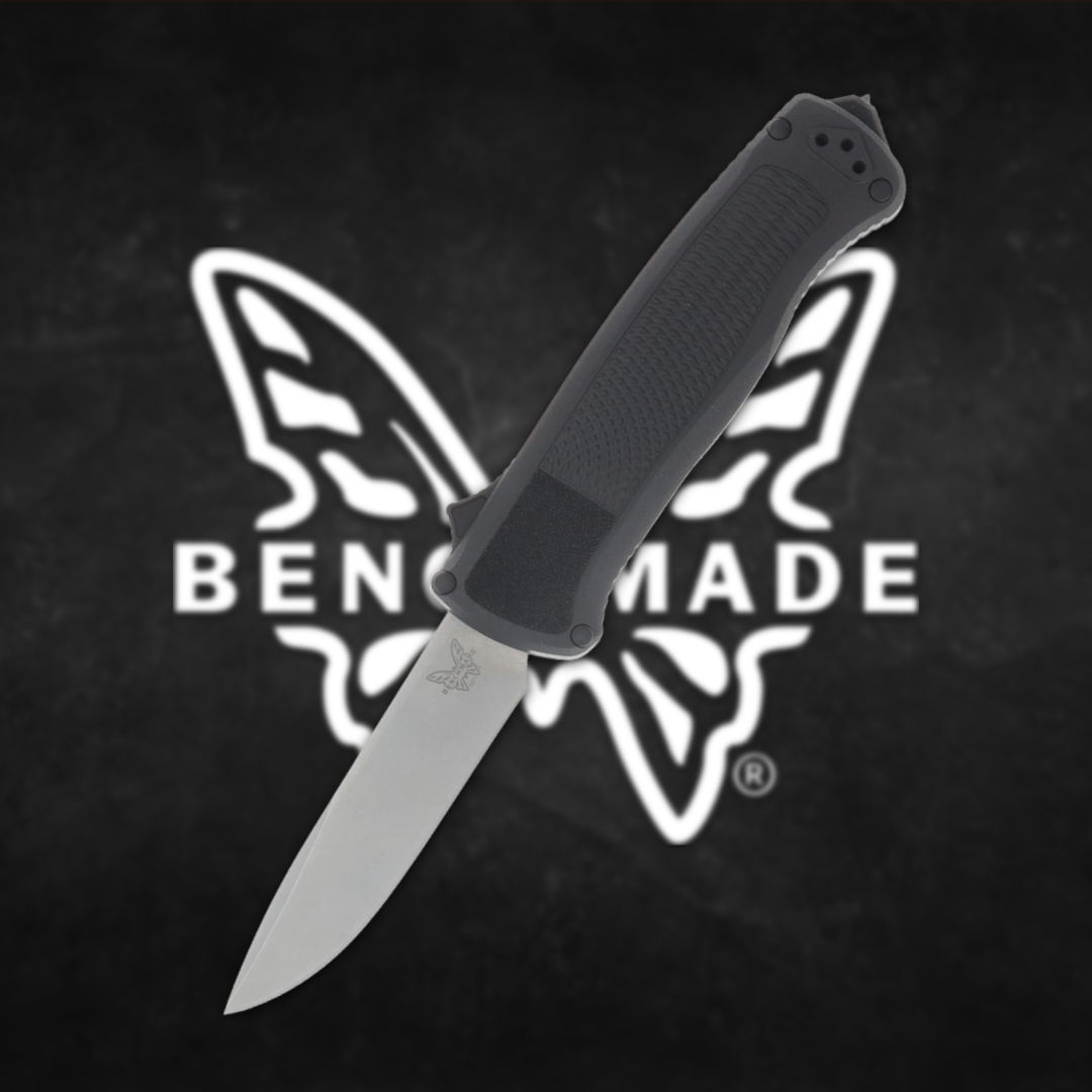 Benchmade knife with a black handle against a branded background.