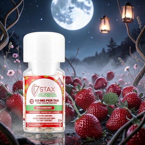 Bottle of 7stax supplement among strawberries under a full moon.