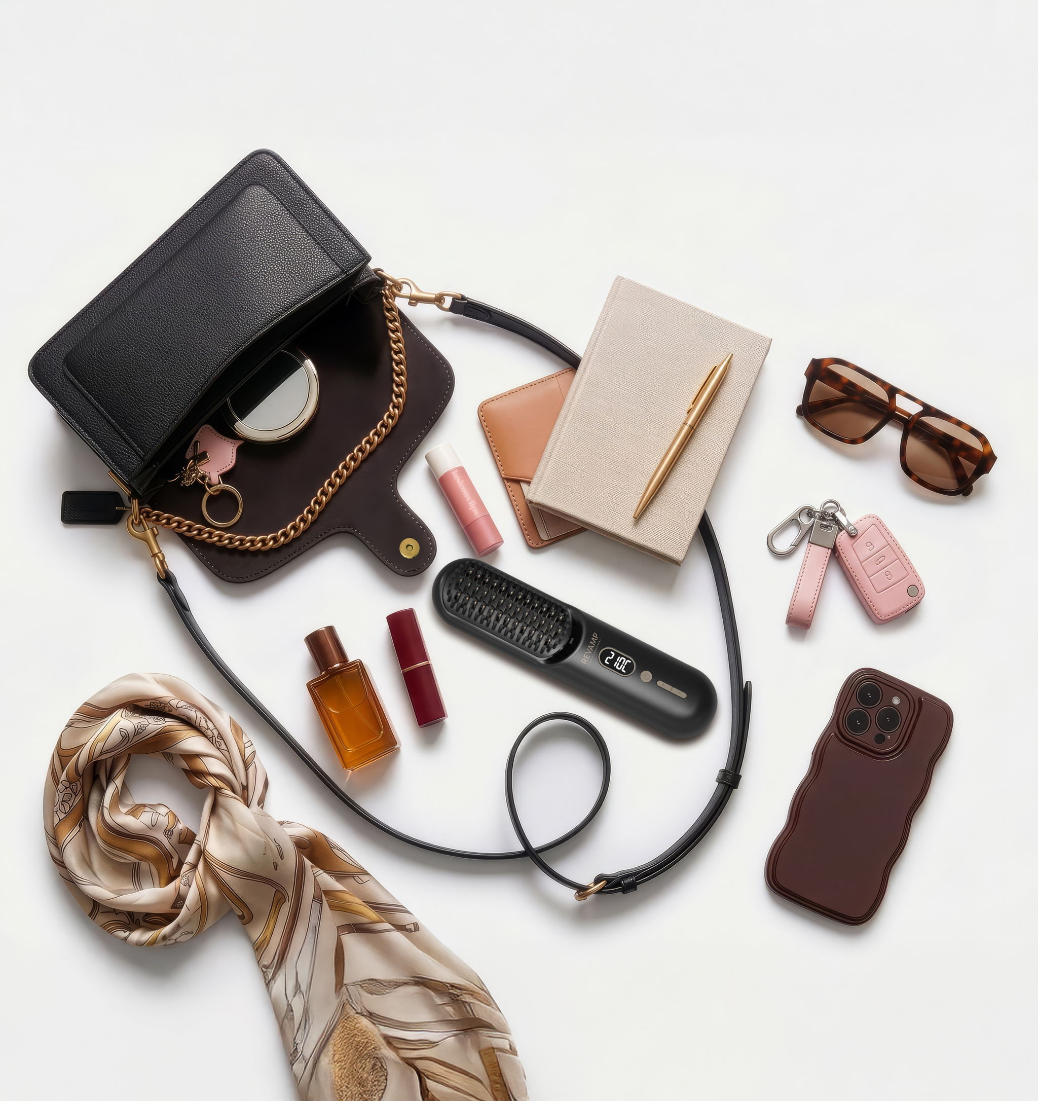 Travel beauty essentials flat lay