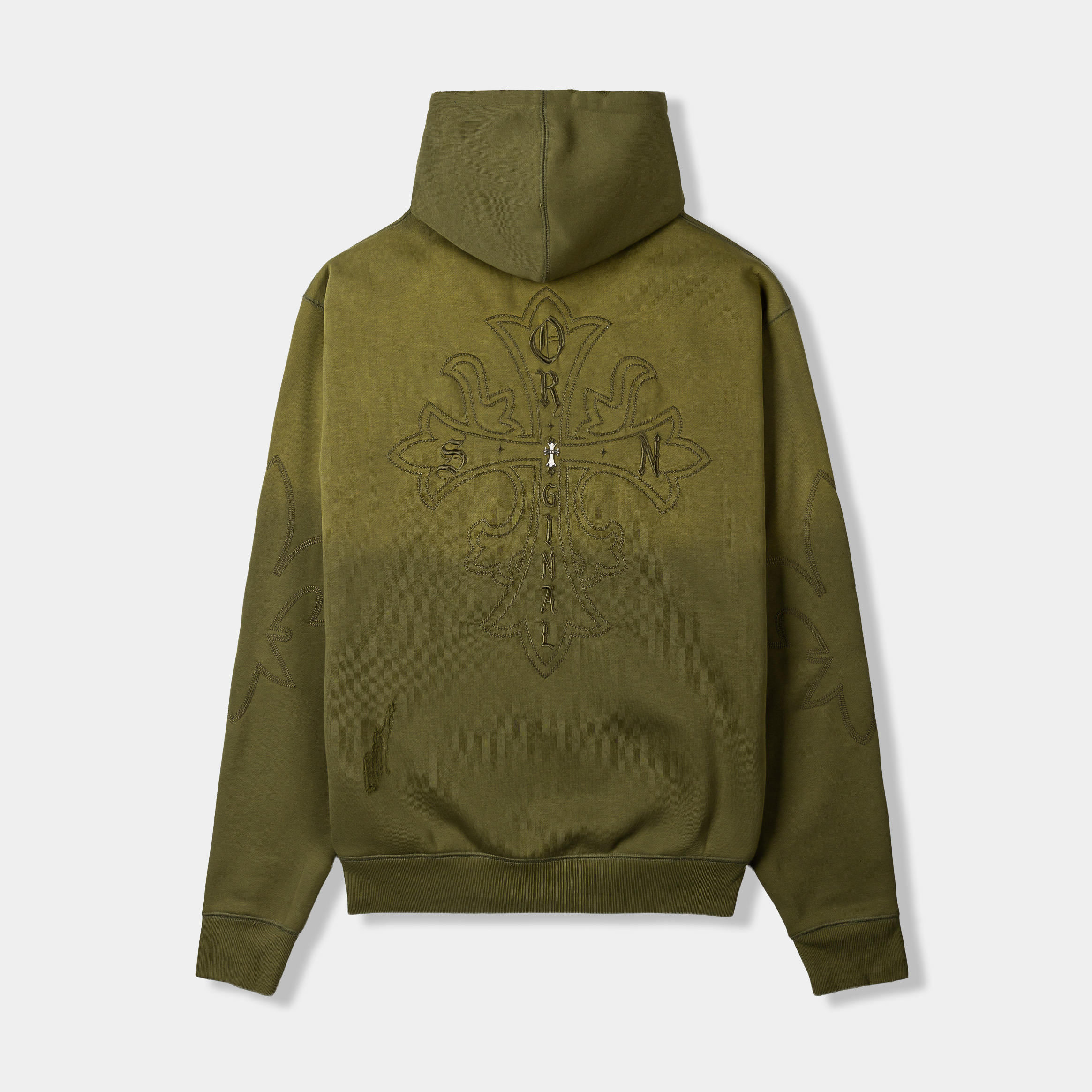 Olive green zip-up hoodie with a hood and front pockets.