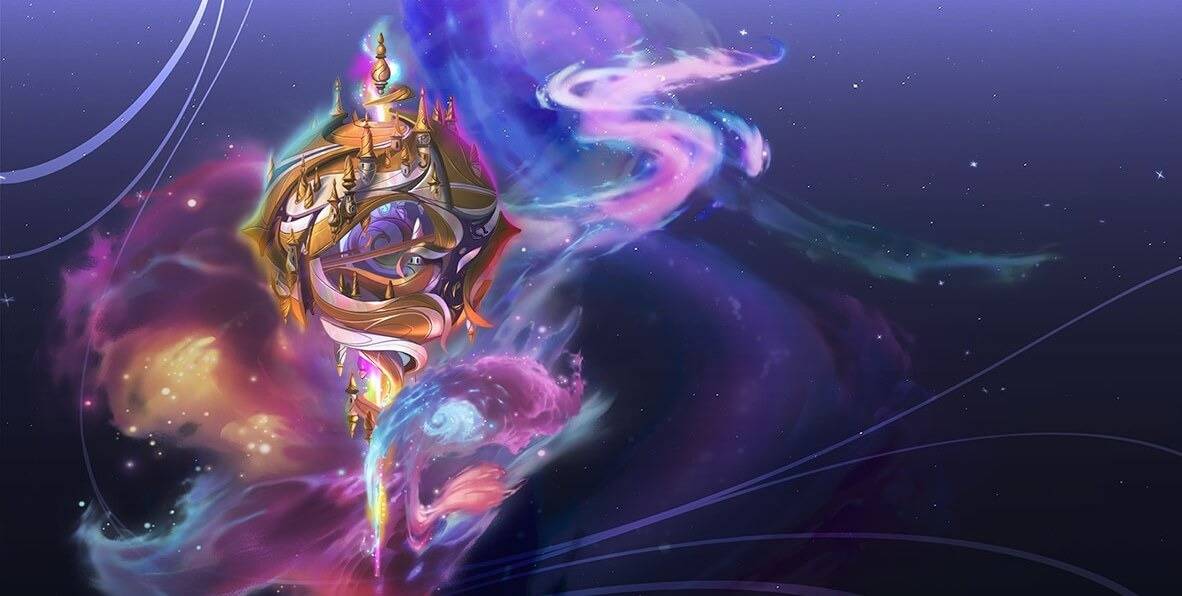 Fantasy structure surrounded by colorful cosmic clouds.