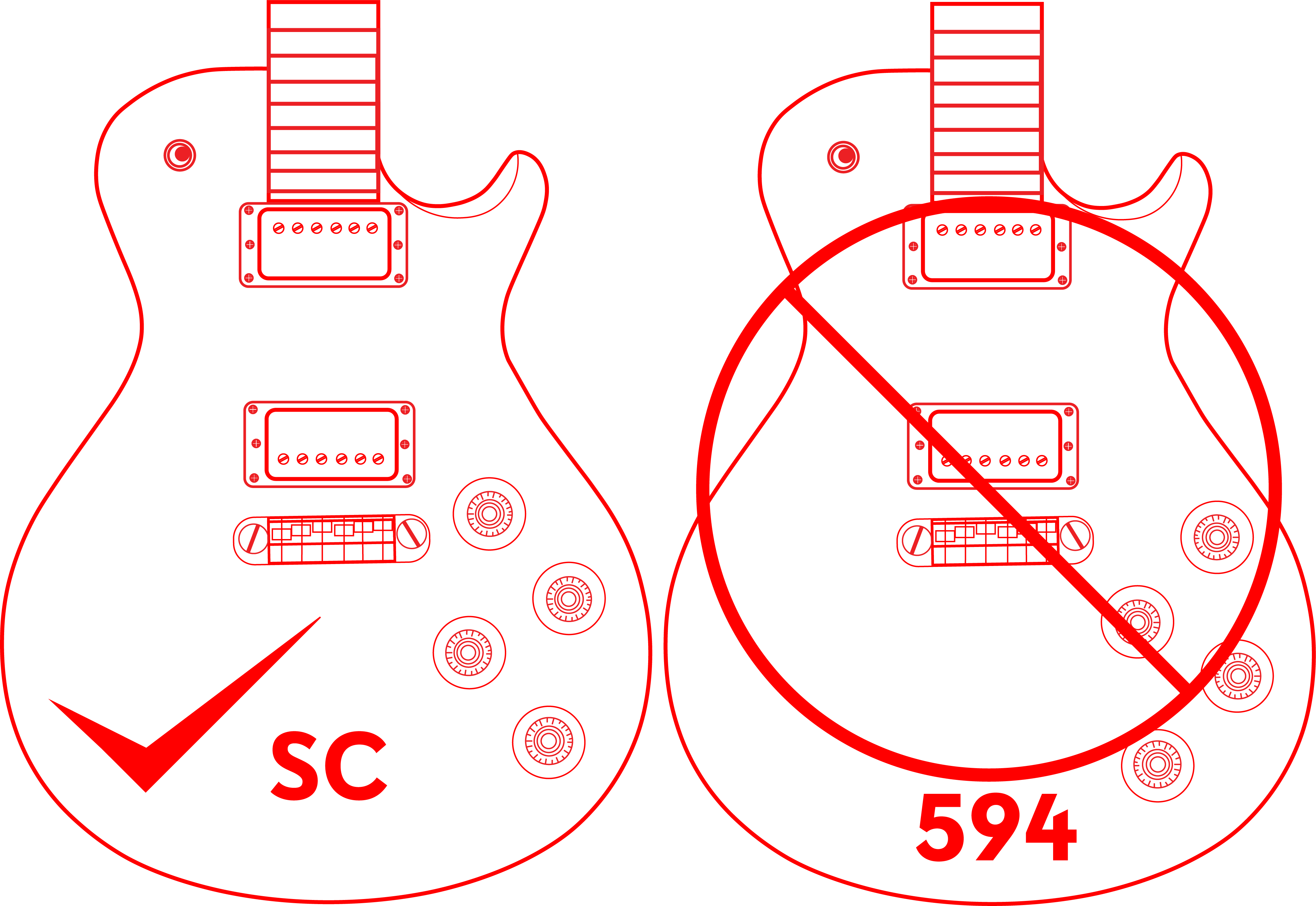 Two electric guitars with differing symbols and markings.