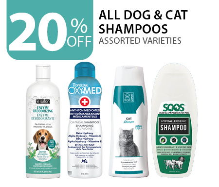 20% off all dog & cat shampoos