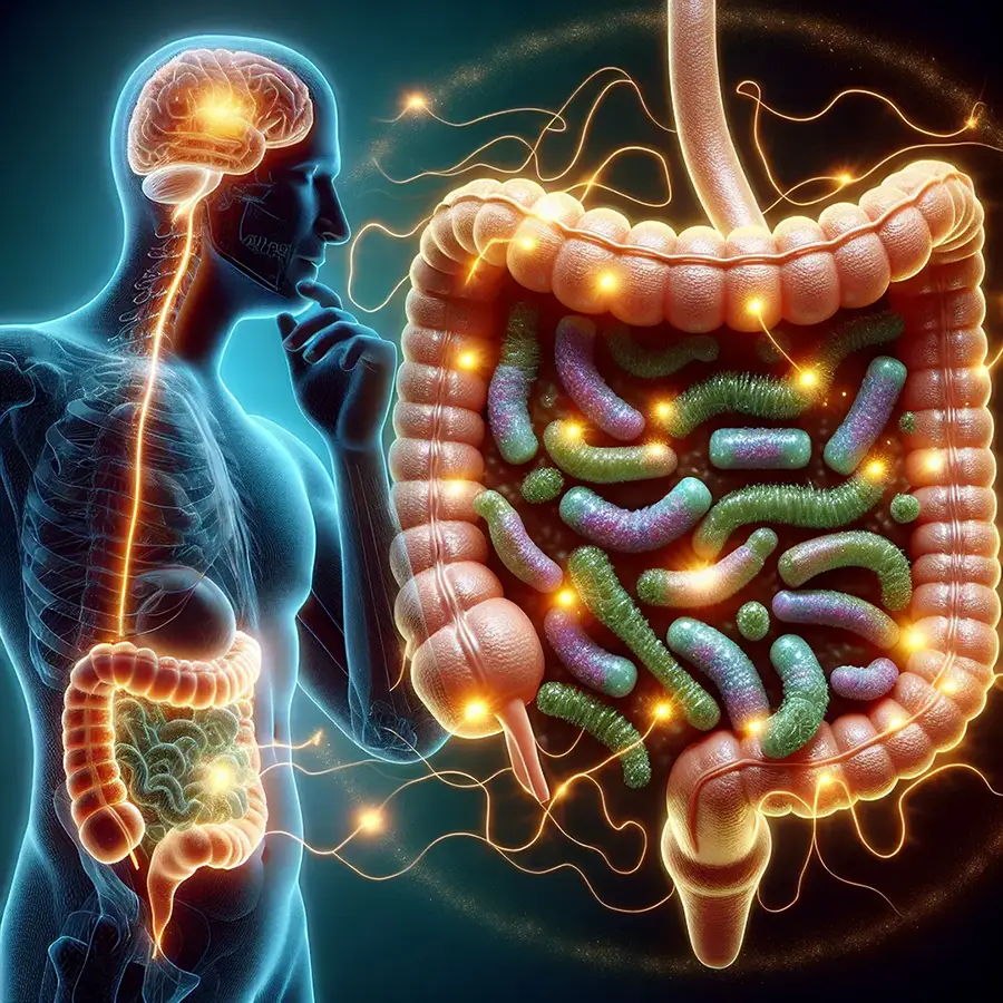 Diagram illustrating communication between the gut and the brain via the vagus nerve and hormonal signalling.