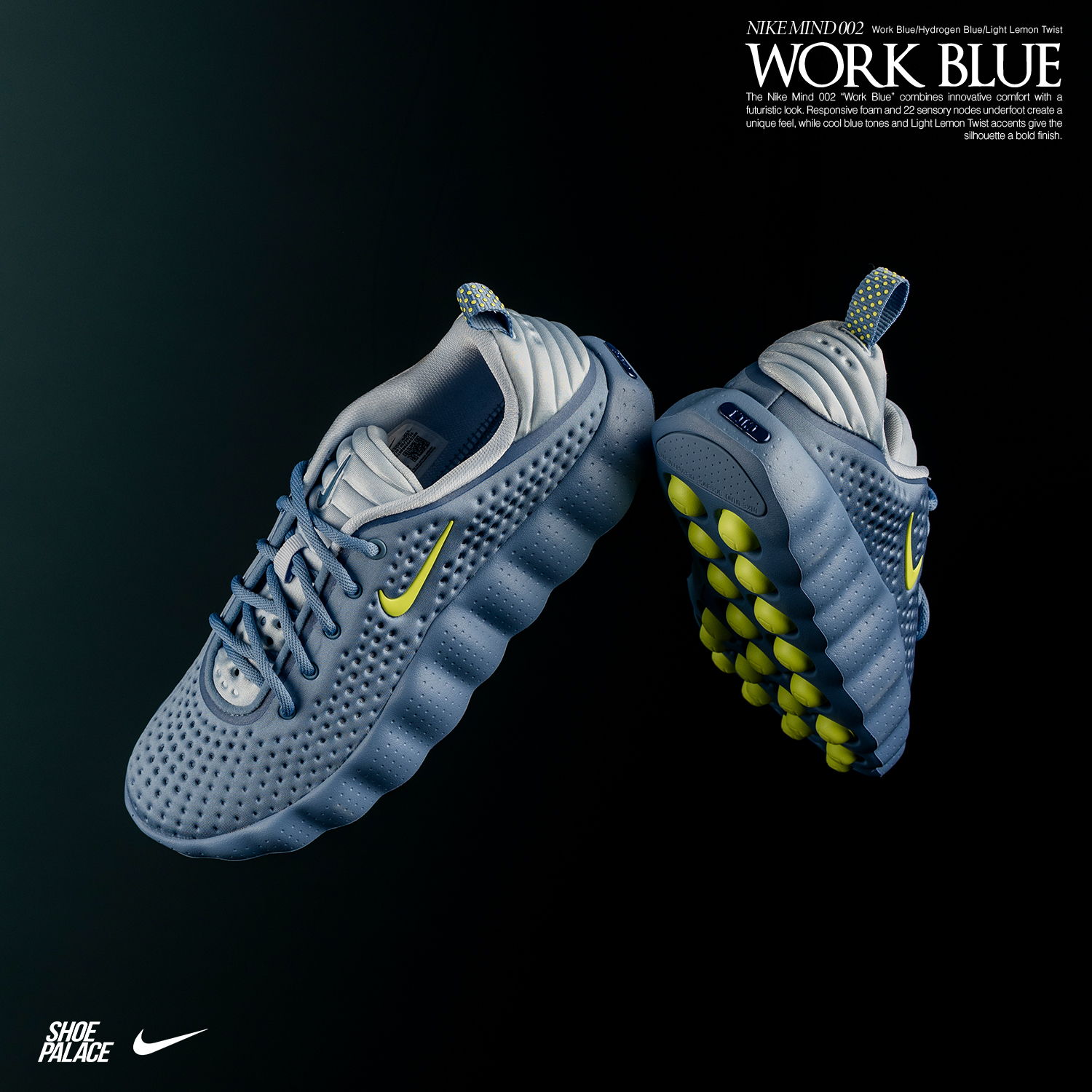 Nike shoes in blue with yellow accents, displayed on a dark background.