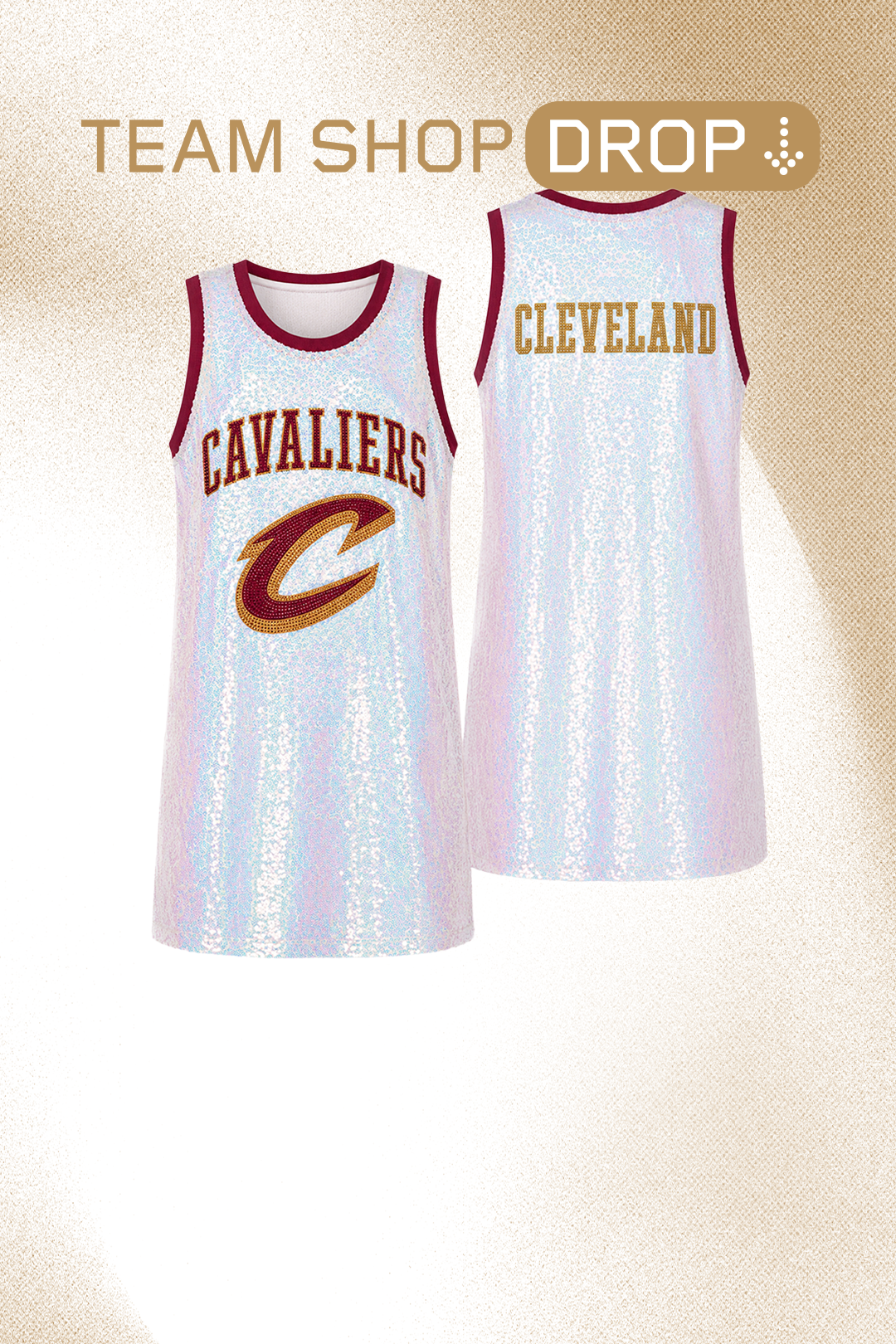Cleveland Cavaliers basketball jersey, front and back view, shiny fabric design.