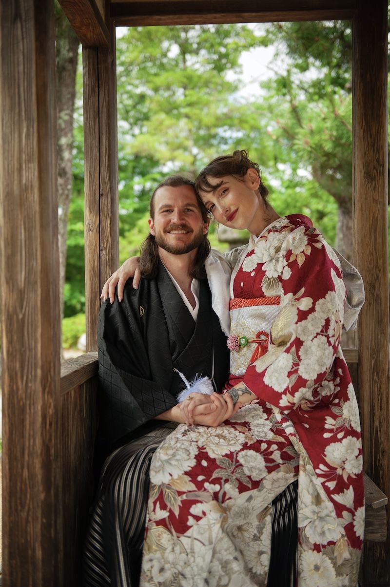 engaged couple wearing kimono, kyoto japan