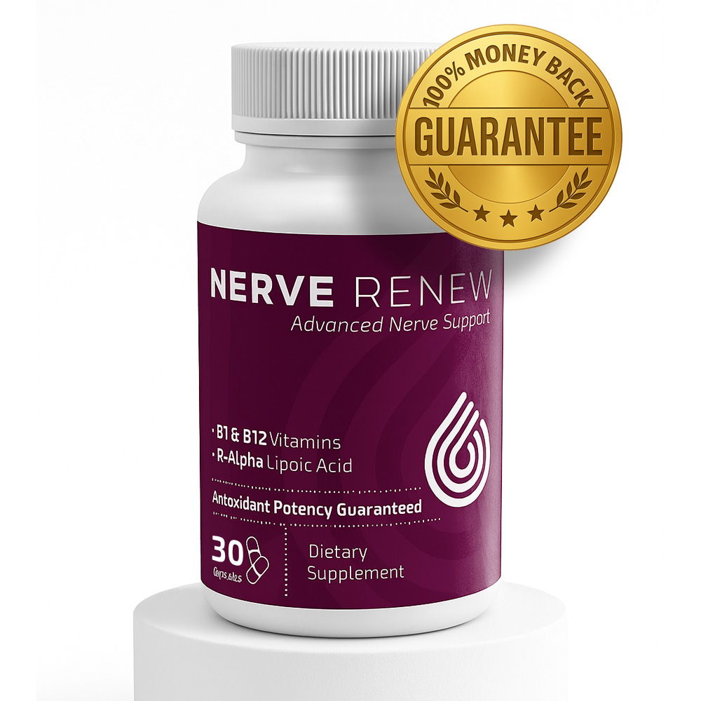 Nerve Renew dietary supplement bottle with a money-back guarantee seal.