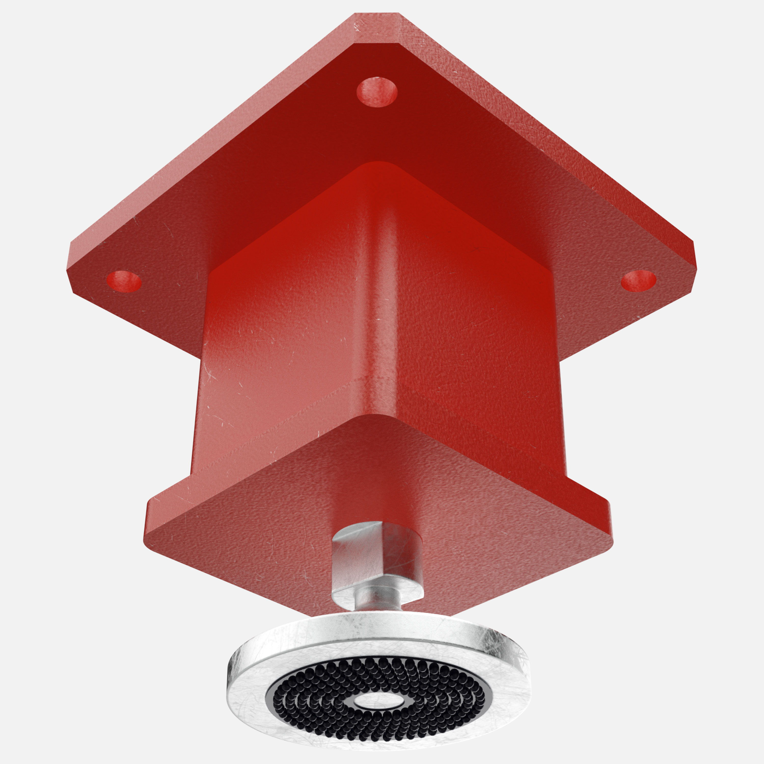 Red mounting bracket with a circular attachment at the bottom.