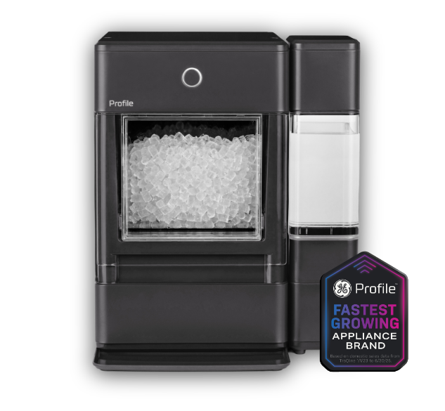 Ice maker with a black exterior and a badge for fastest growing appliance brand.