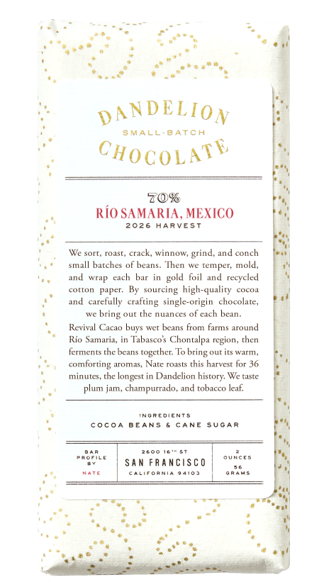 Dandelion Chocolate bar packaging from Río Samaria, Mexico, 2026 harvest.