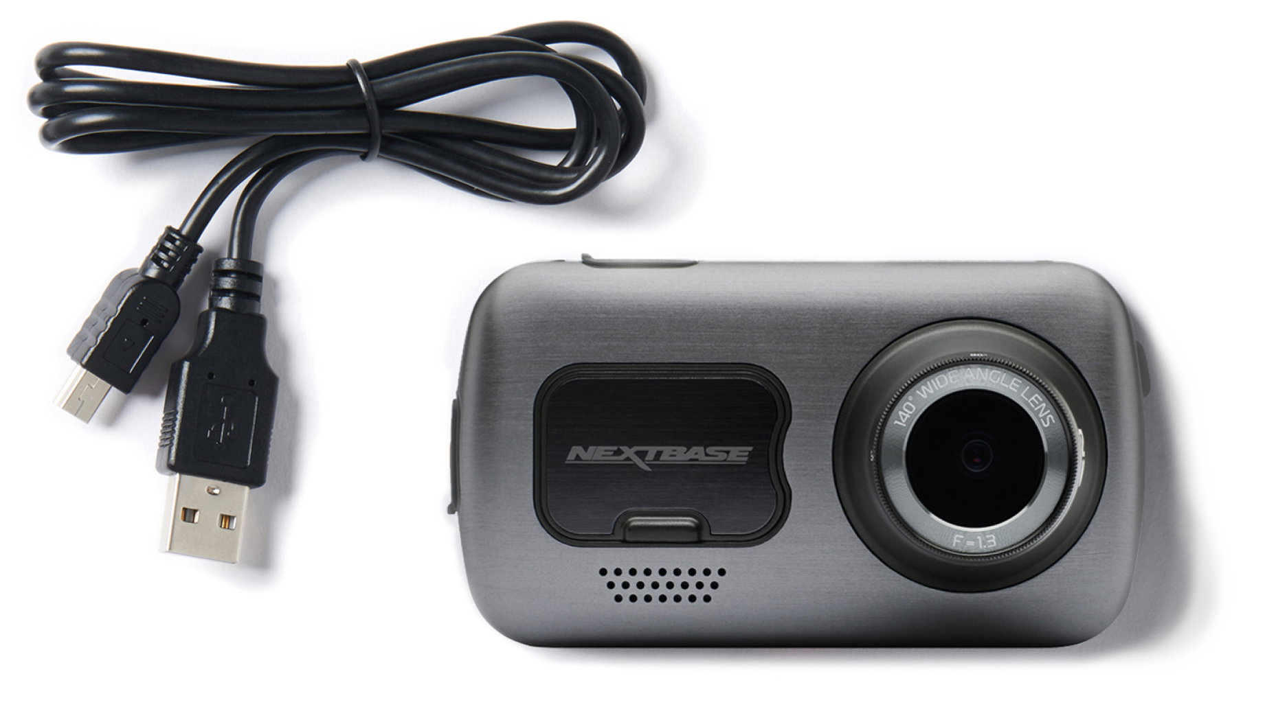 A gray camera with a USB cable.