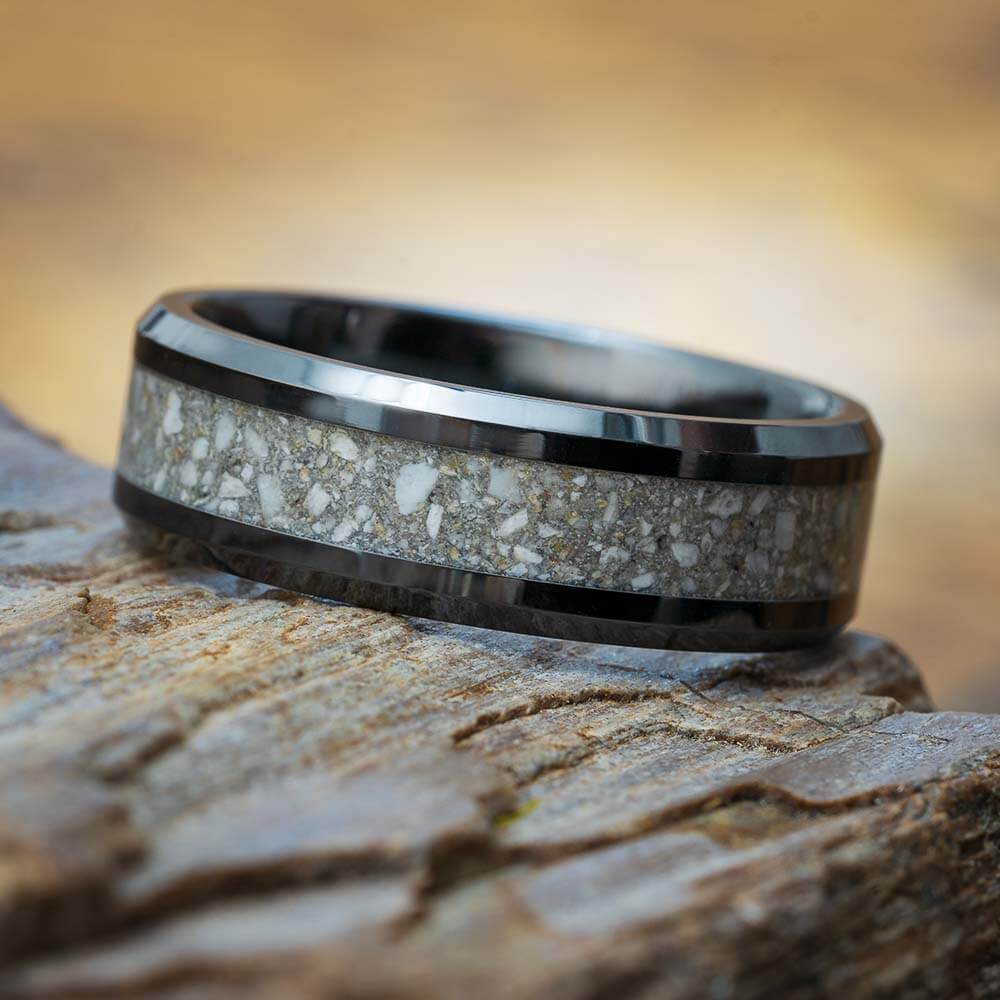 Black ceramic memorial ring with ashes
