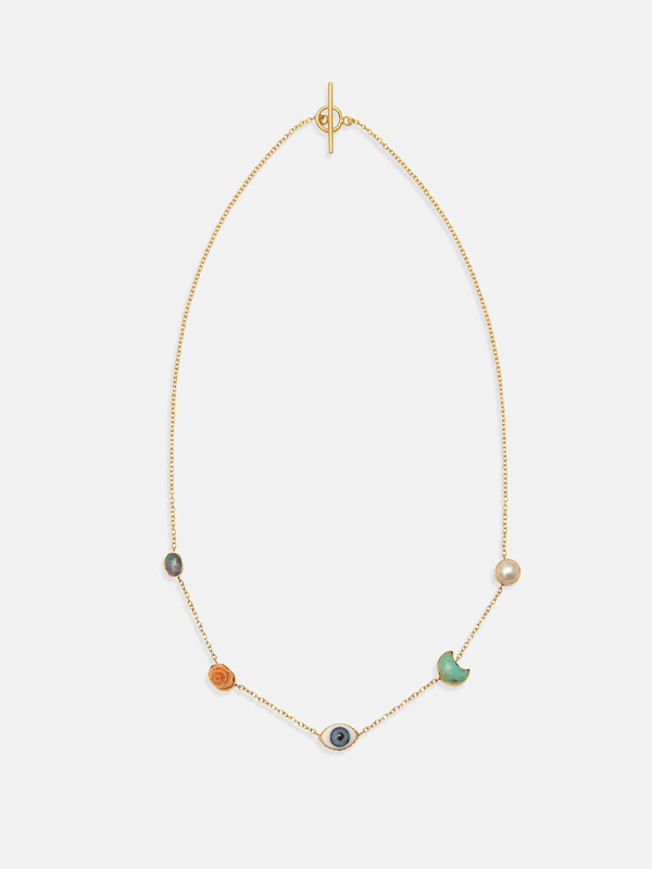 A product image of Grainne Morton's multicoloured Mini Charm Necklace in gold.