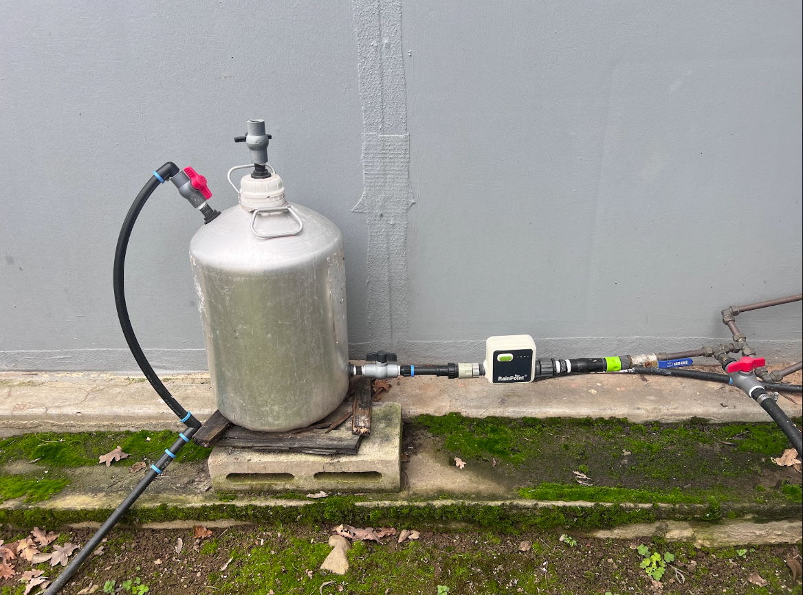 A metal gas cylinder connected to a system with hoses and gauges.