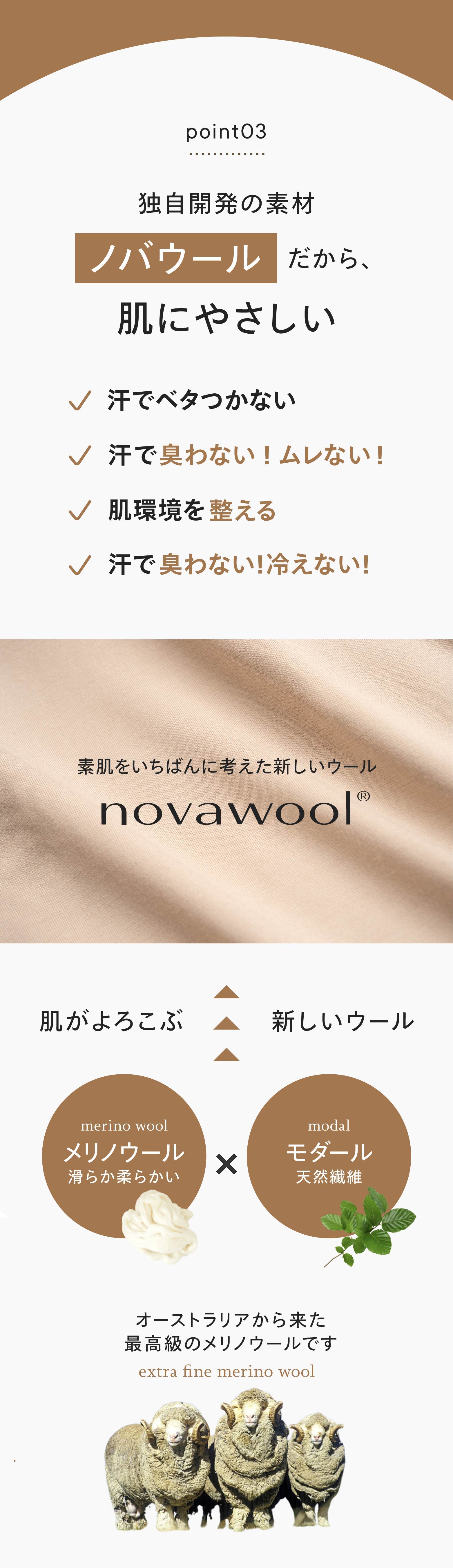 Material information about novawool, emphasizing skin-friendliness and comfort.