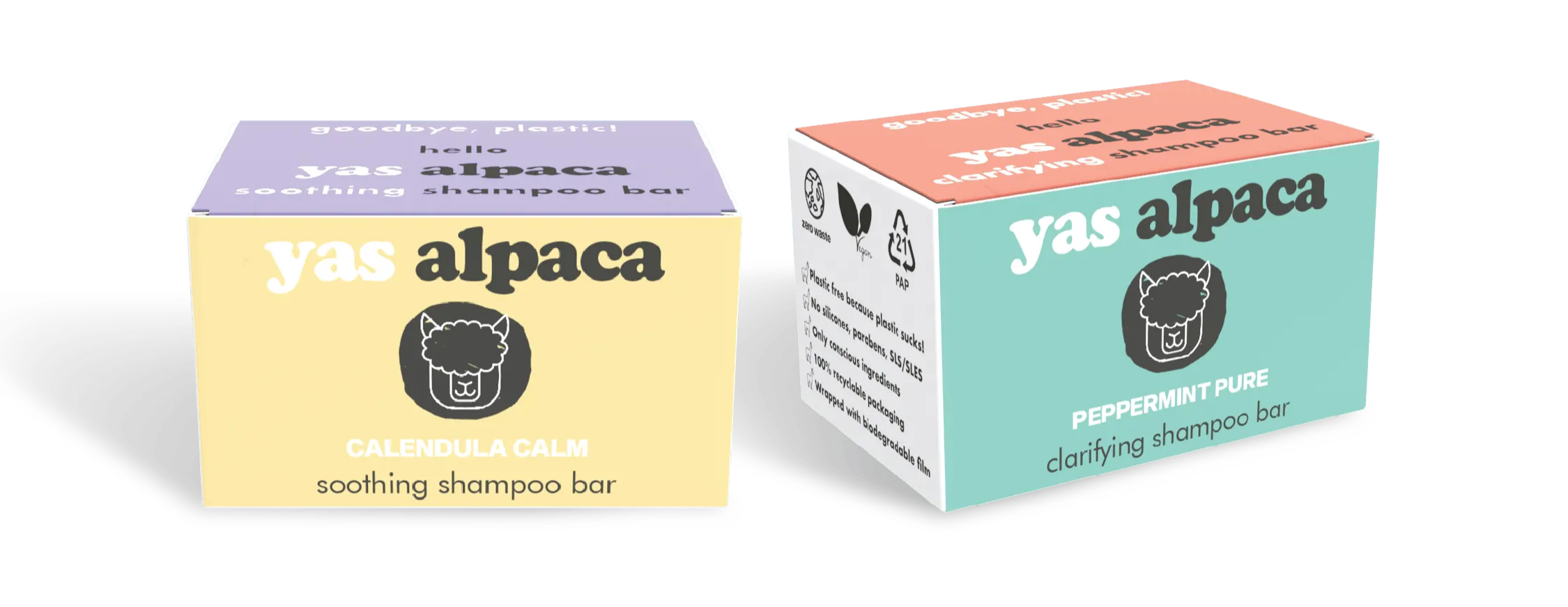 Packaging boxes of Yas Alpaca's Calendula Calm soothing shampoo bar and Peppermint Pure clarifying shampoo bar. 