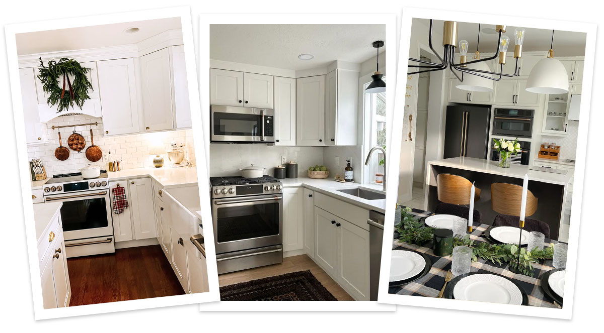 Threekitchens showcasing matte white, matte, black and stainless steel appliances and holiday decor elements.