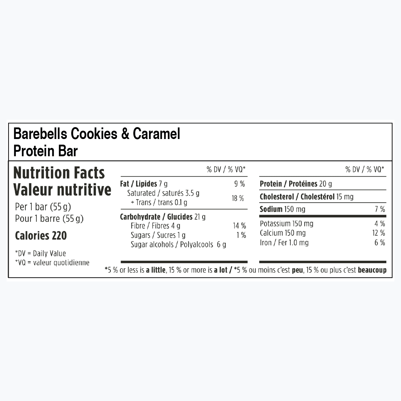 Nutrition label for Barebells Cookies & Caramel Protein Bar.