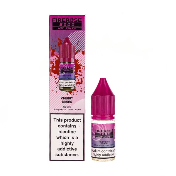 Elux Firerose5000 Cherry Sours E-liquid bottle with warning label and packaging in pink and purple colors.