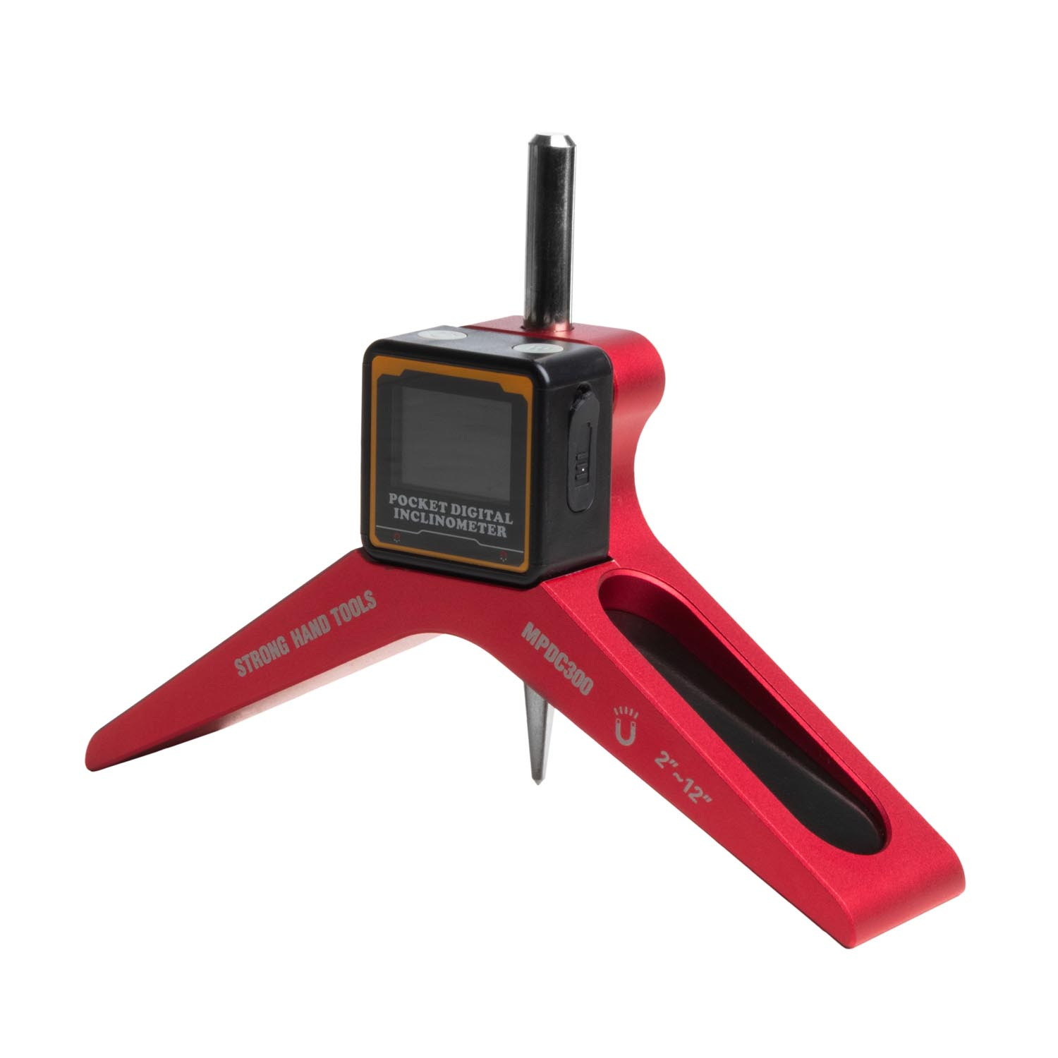 Red digital depth gauge with a triangular base and display screen.