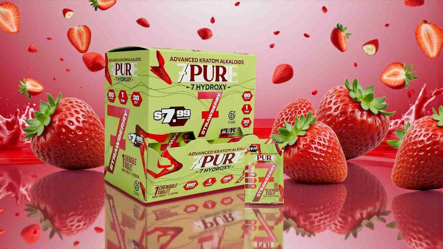 Colorful packaging of PUR with strawberries on a pink background.