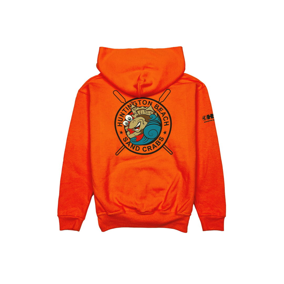 orange hoodie with HB Sandcrabs logo on white background