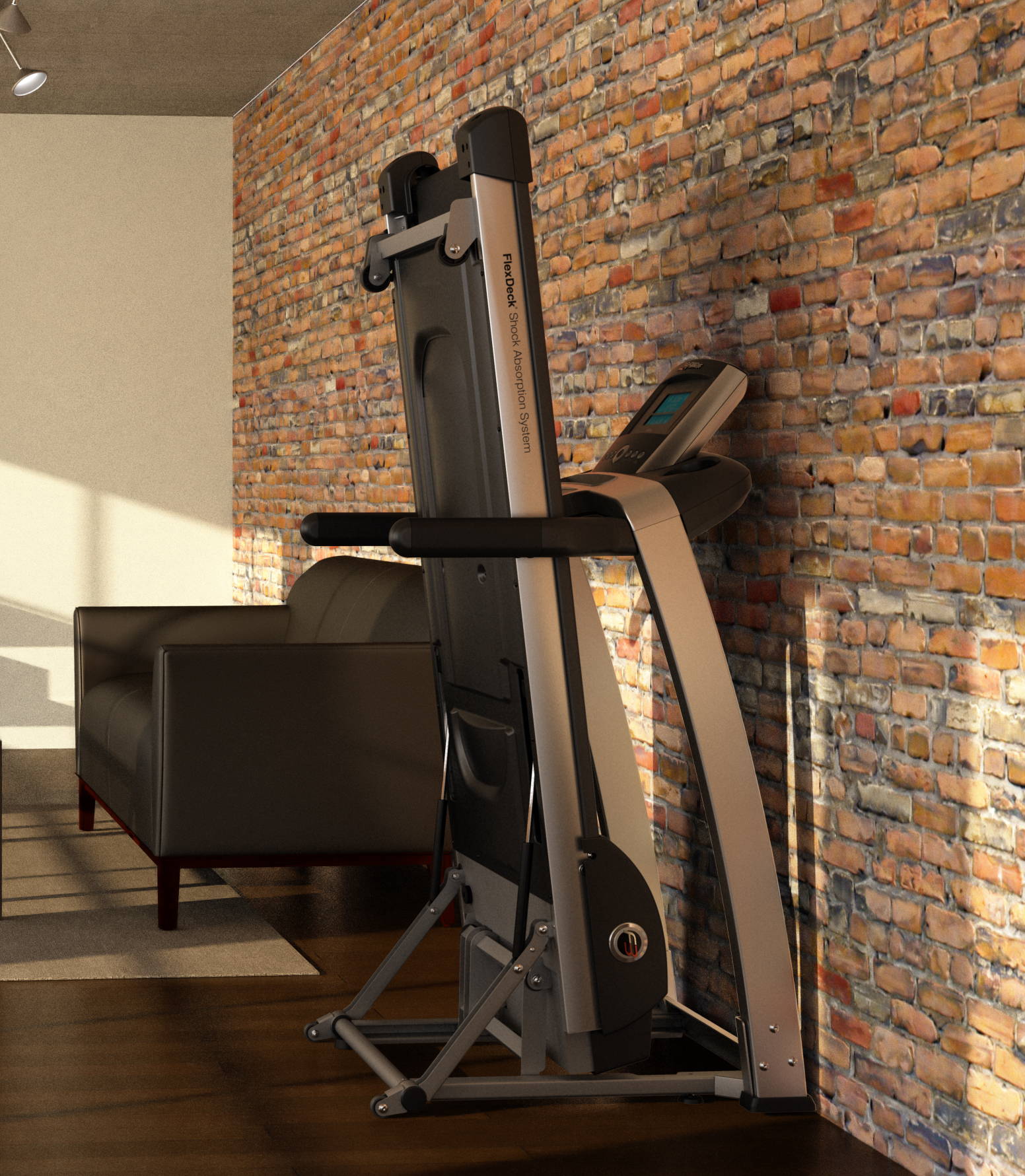 F3 treadmill folded up against living room wall