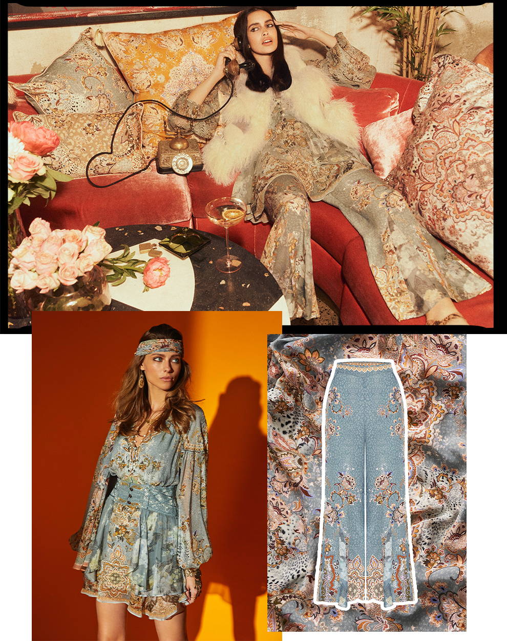 CAMILLA Le Palais Du Zahir Collection, blue, pink, beige, paisley, floral, dress, pants, scarves, cushions.