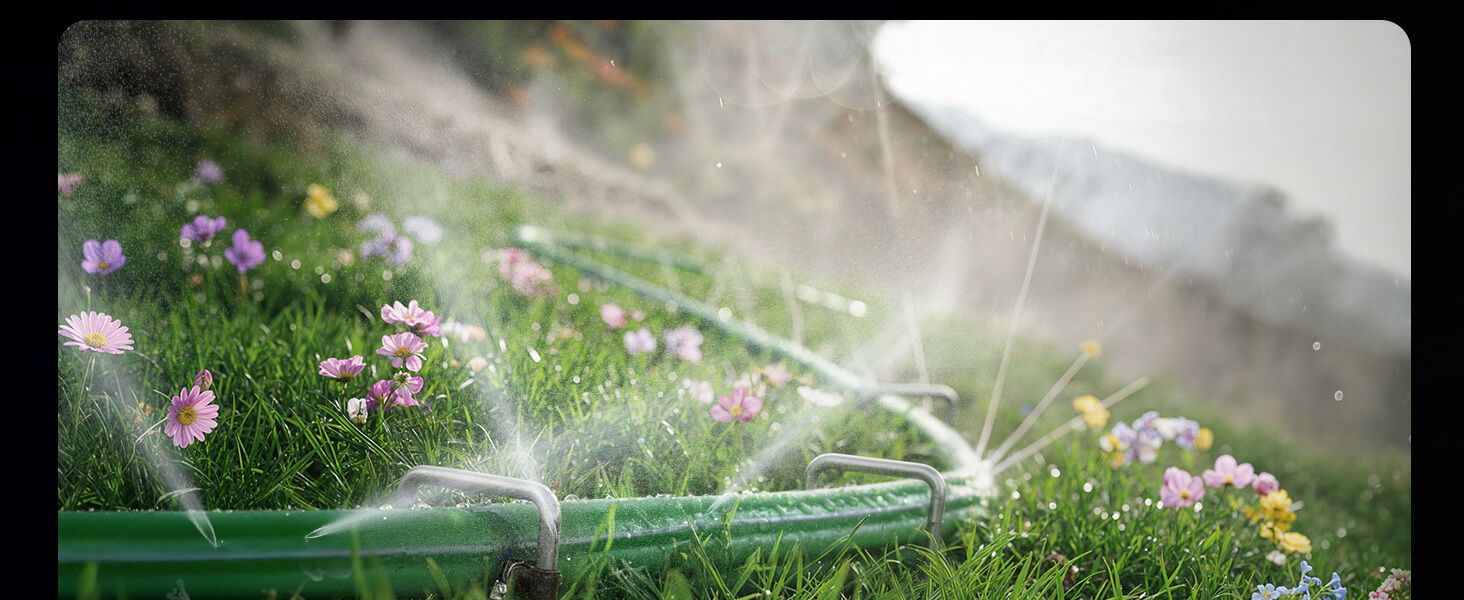 Irrigation system watering colorful flowers in a lush green landscape.