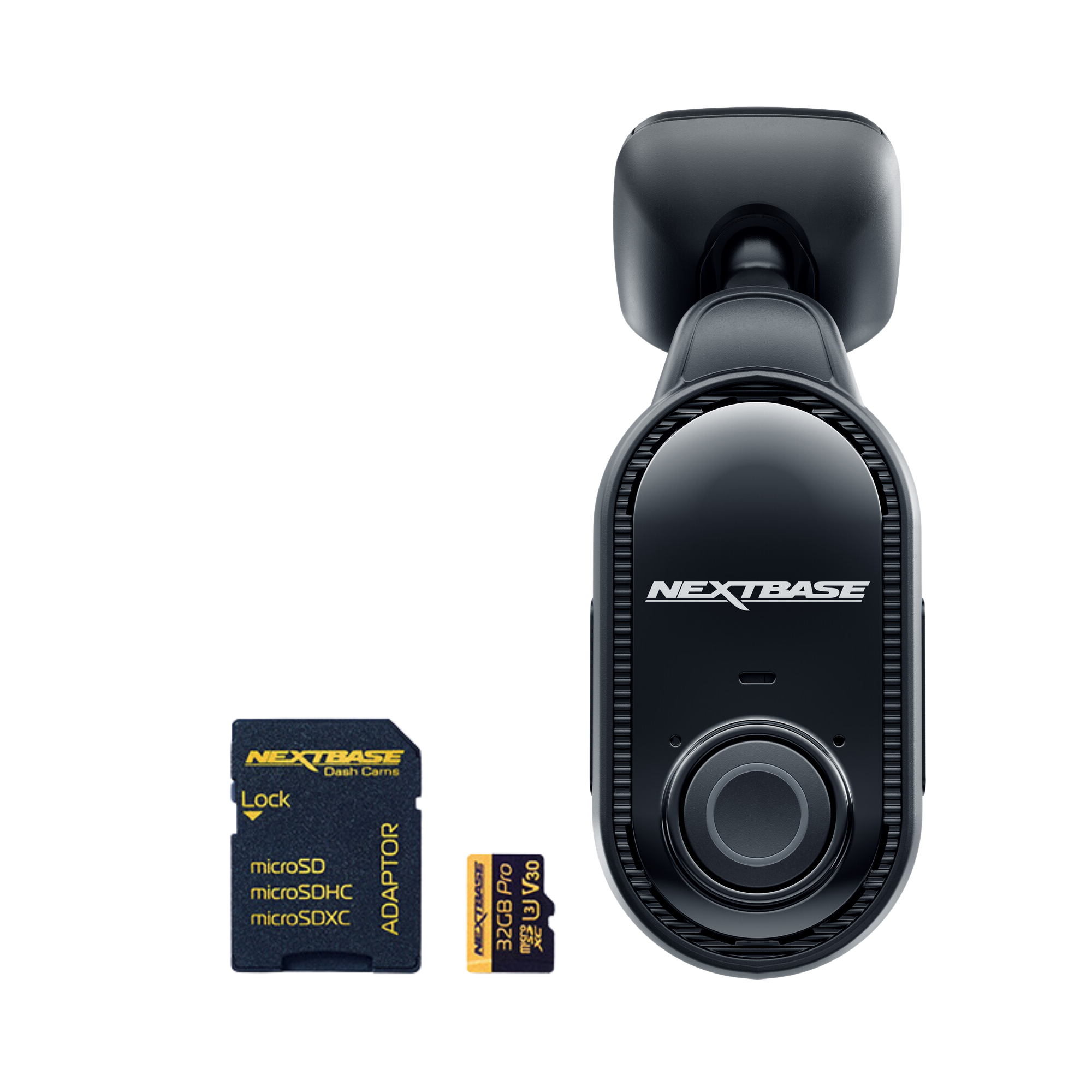 Black dashcam with memory card and adapter.