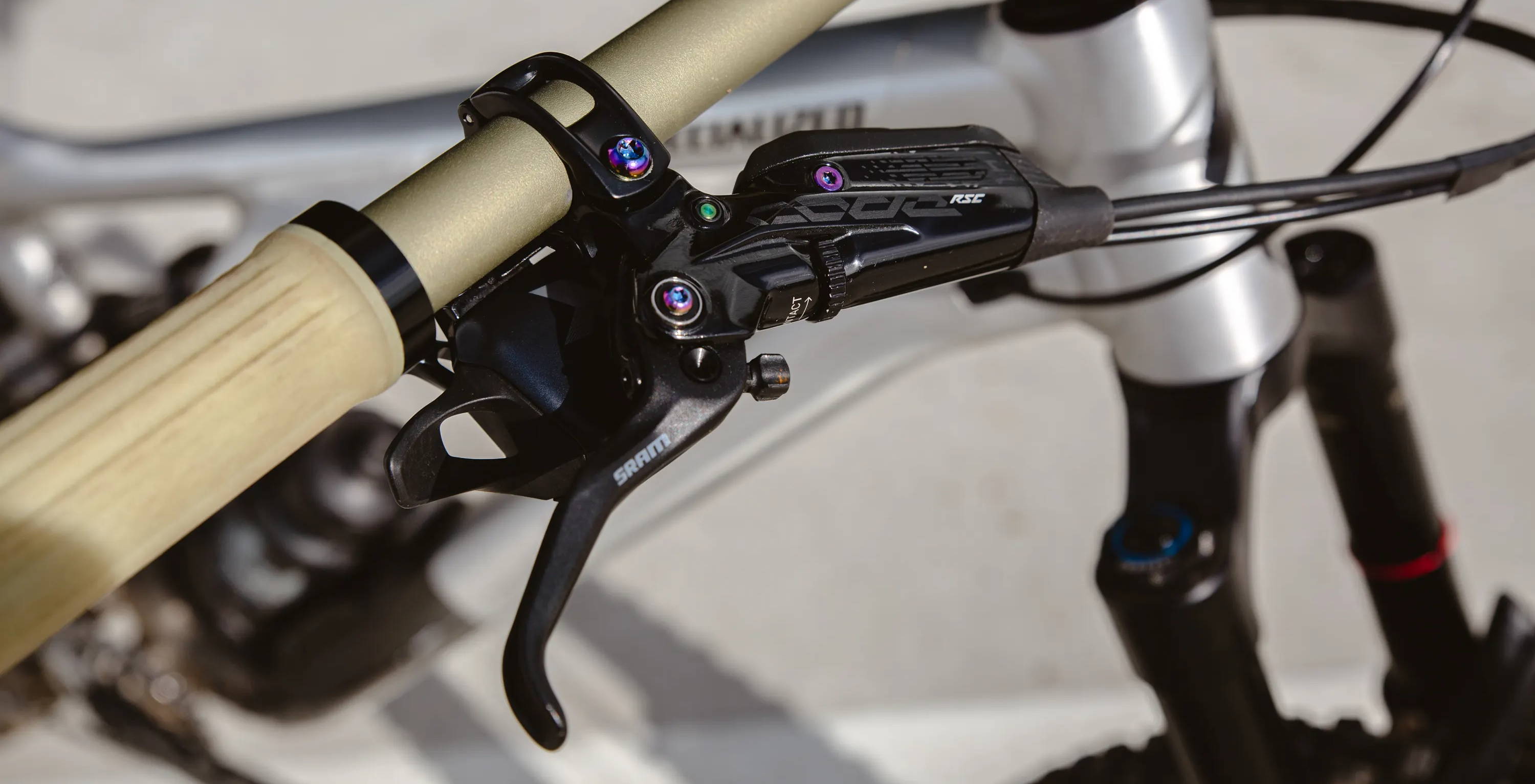 SRAM Code RSC Mountain bike 4 piston brakes on renthal handlebars on a specialized stumpjumper evo
