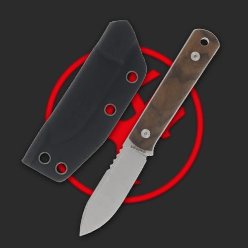 Knife with sheath on a dark background featuring a red symbol.