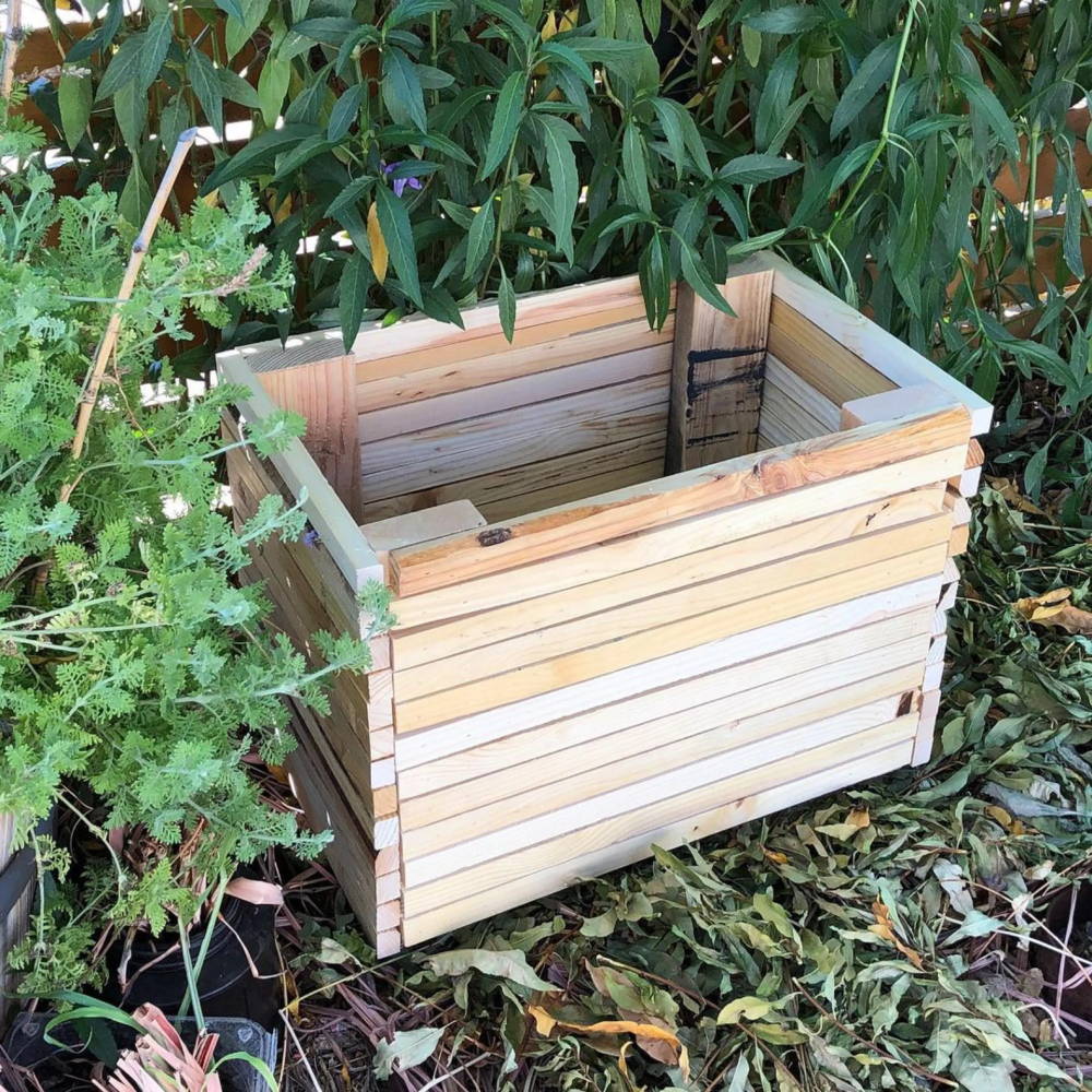 Wooden slat crate surrounded by foliage