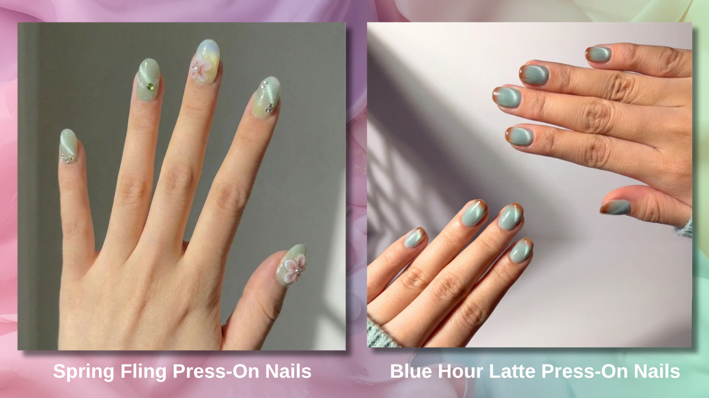 Mint green pastel manicure using EyeCandys Spring Fling and Blue Hour Latte press-on nails for fresh soft spring nail look