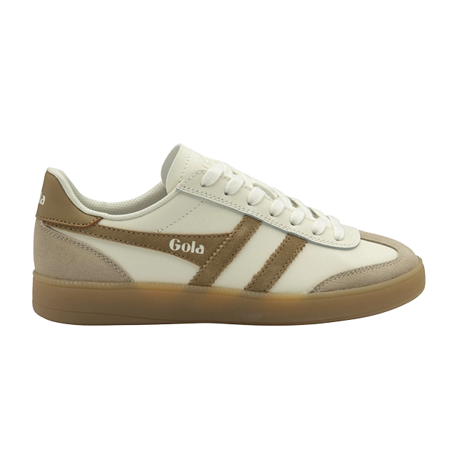 White and brown sneakers with logo on the side.