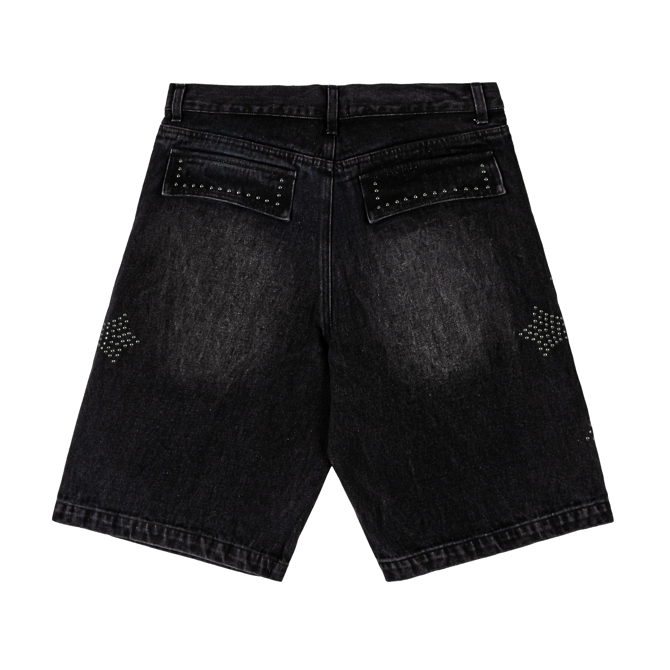 Black denim shorts with decorative stitching on the sides.